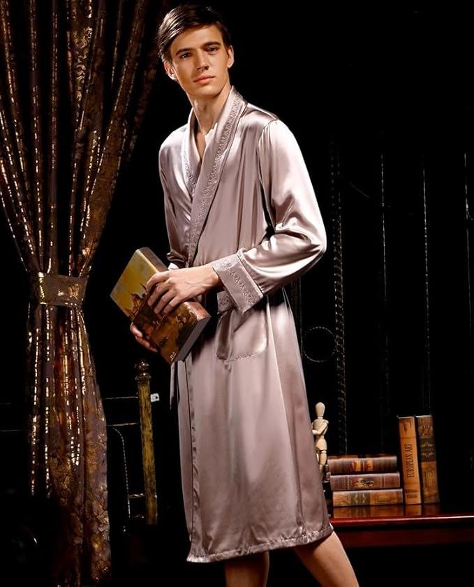 Men's 100% Mulberry Silk Long Robe Kimono Paisley Print Bath Robe, Heavy Silk 19 Momme Dressing Gown