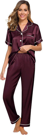 SWOMOG Women Satin Pajamas Set Short Sleeve Top & Pants Sleepwear Silky Button Down Nightwear 2pcs Loungewear Pjs Set