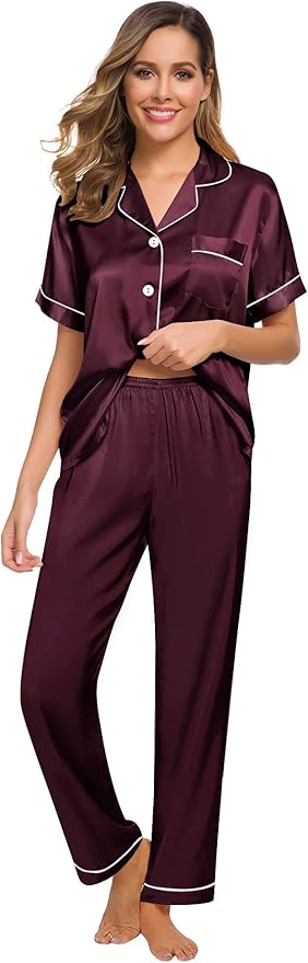 SWOMOG Women Satin Pajamas Set Short Sleeve Top & Pants Sleepwear Silky Button Down Nightwear 2pcs Loungewear Pjs Set