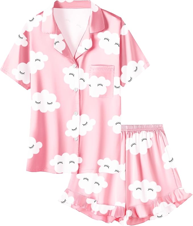 Umeyda Girls & Women Satin Pajamas Set Button Down 2 Piece Silk Pjs Shorts Set Ruffle Sleepwear, 5 Years-Women L