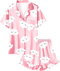 Umeyda Girls & Women Satin Pajamas Set Button Down 2 Piece Silk Pjs Shorts Set Ruffle Sleepwear, 5 Years-Women L