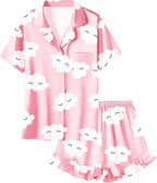Umeyda Girls & Women Satin Pajamas Set Button Down 2 Piece Silk Pjs Shorts Set Ruffle Sleepwear, 5 Years-Women L