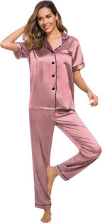SWOMOG Women Satin Pajamas Set Short Sleeve Top & Pants Sleepwear Silky Button Down Nightwear 2pcs Loungewear Pjs Set