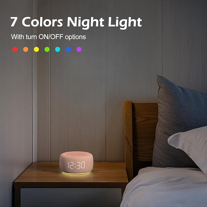 Buffbee Sound Machine & Alarm Clock 2-in-1, 0-100% Clock Face Brightness, Bottom Colored Light, Sleep Timer, Precise 30-Level Volume White Noise Machine, Digital Alarm Clocks for Bedrooms - Peach