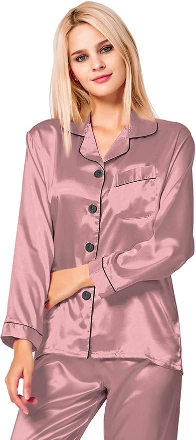 SWOMOG Womens Silk Satin Pajamas Set Long Sleeve Button Down Sleepwear 2 Piece Lounge Set Pj Set XS-3XL