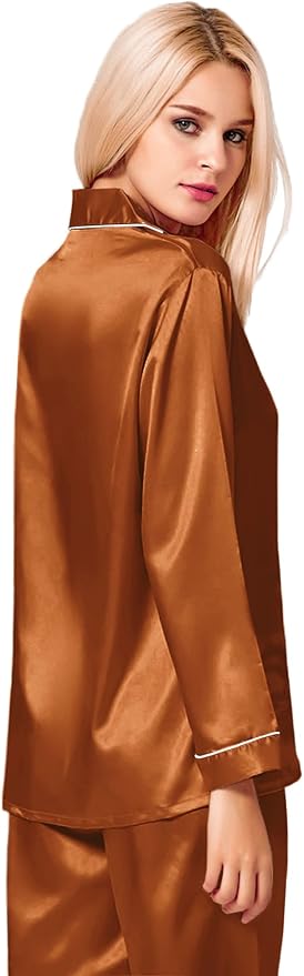 SWOMOG Womens Silk Satin Pajamas Set Long Sleeve Button Down Sleepwear 2 Piece Lounge Set Pj Set XS-3XL