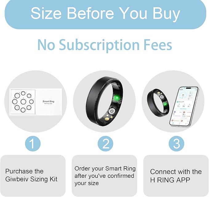 Smart Ring for Women Men, Health Fitness Tracker Ring with Heart Rate/Sleep Tracker/Blood Oxygen/HRV/Stress/Calorie/Steps, IP68 Waterproof for iOS & Android, No APP Fees(Black,8#)