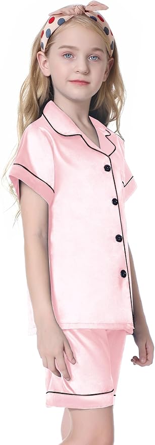 Umeyda Women & Girls Pajamas Set, Soft Satin Lightweight Silk Button-Down Top with Shorts 2 Piece PJS for Mom Boys Kids Gifts