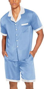 Ekouaer Men Satin Silk Pajamas Set with Pockets Sleepwear Shorts Satin Summer Loungewear 2 Piece Button Down Set S-3XL