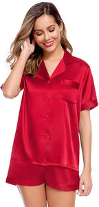 LecGee Womens Silk Satin Pajamas Short Sleeve Loungewear Two-Piece Sleepwear Button-Down Pj Set