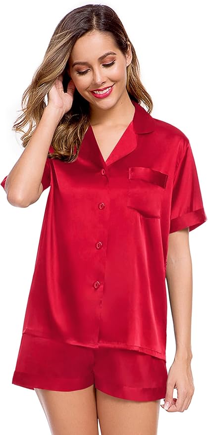 LecGee Womens Silk Satin Pajamas Short Sleeve Loungewear Two-Piece Sleepwear Button-Down Pj Set