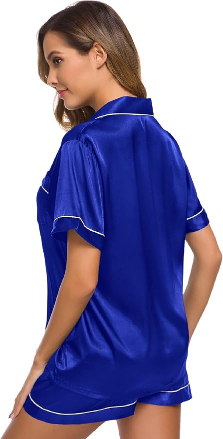 SWOMOG Womens Silk Satin Pajamas Set Short Sleeve Sleepwear Button Down Top and Shorts Loungewear 2 Piece Pjs Set XS-3XL