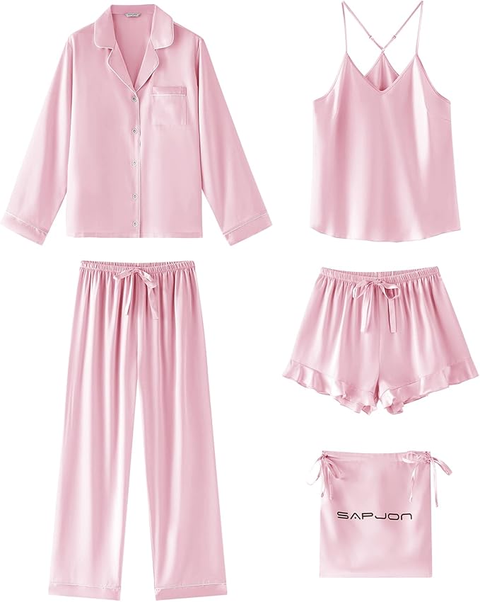 SAPJON Satin Silk Pajamas for Women Set 5PCS Classic Button Down Pajamas Top and Pants Cami and Ruffle Shorts Sleepwear