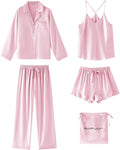SAPJON Satin Silk Pajamas for Women Set 5PCS Classic Button Down Pajamas Top and Pants Cami and Ruffle Shorts Sleepwear