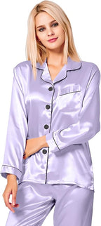 SWOMOG Womens Silk Satin Pajamas Set Long Sleeve Button Down Sleepwear 2 Piece Lounge Set Pj Set XS-3XL