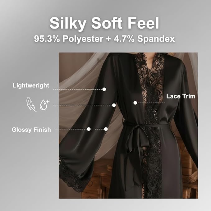 Women Sexy Satin Lace Robe,Long Sleeve Silk Bathrobe with Belt Soft Lightweight Full Length Sleepwear