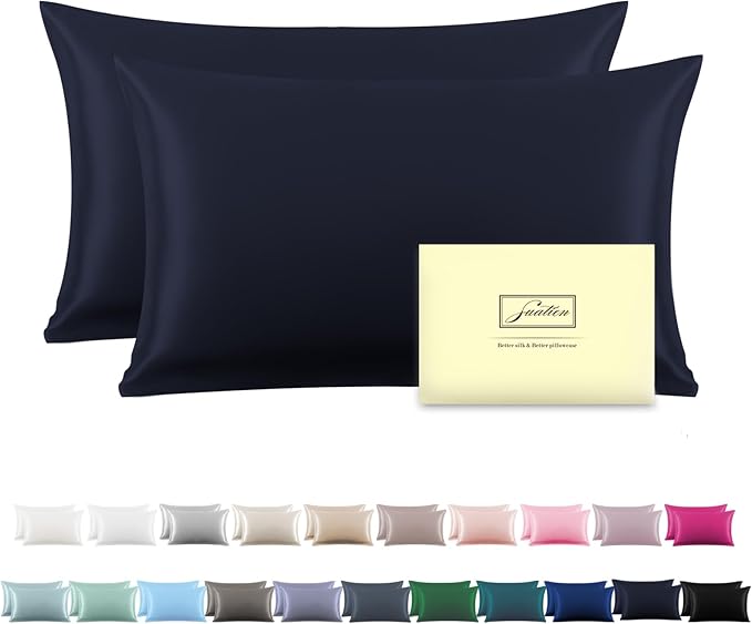 Silk Pillow Cases 2 Pack,Soft Breathable and Sliky Queen Size Pillow Cases Set of 2,Natural Mulberry Silk Pillowcase Set of 2 for Hair and Skin with Hidden Zipper (Navy Blue,20"X 30",2pcs)