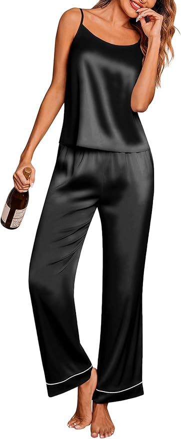 Ekouaer Women Silk Satin Pajamas Sleeveless Pjs Set 2 Piece Summer Loungewear Sleepwear with Pockets S-XXL