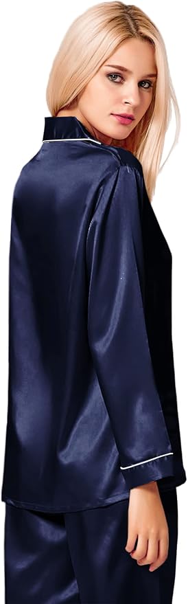 SWOMOG Womens Silk Satin Pajamas Set Long Sleeve Button Down Sleepwear 2 Piece Lounge Set Pj Set XS-3XL