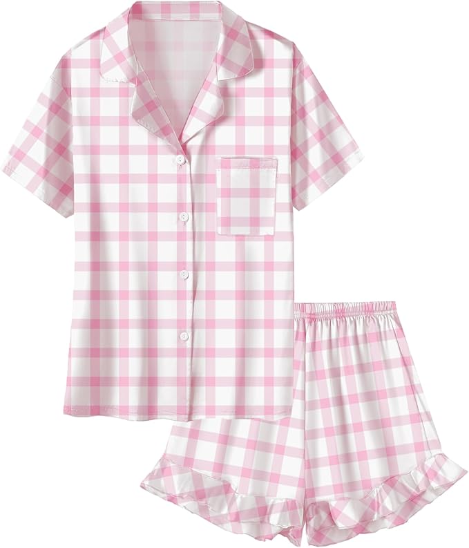 Umeyda Girls & Women Satin Pajamas Set Button Down 2 Piece Silk Pjs Shorts Set Ruffle Sleepwear, 5 Years-Women L