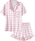 Umeyda Girls & Women Satin Pajamas Set Button Down 2 Piece Silk Pjs Shorts Set Ruffle Sleepwear, 5 Years-Women L