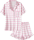 Umeyda Girls & Women Satin Pajamas Set Button Down 2 Piece Silk Pjs Shorts Set Ruffle Sleepwear, 5 Years-Women L