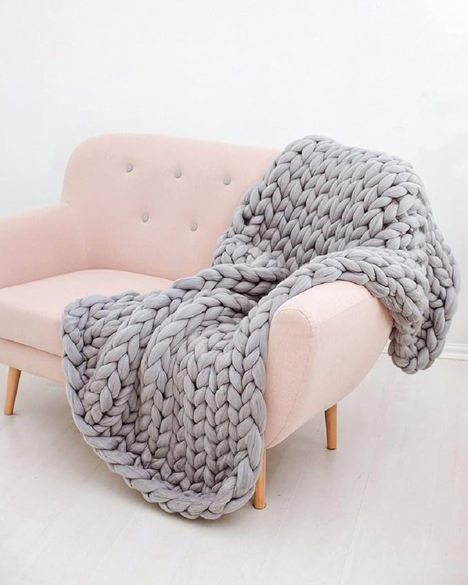 Throw Blanket Full Size 54"x75" for Bed - Chunky Knit Blanket, Boho Throw Blanket for Couch 100% Merino Wool (Grey, 54"x75")