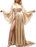 BATHGOWN Women's Satin Robe Black Silk Kimono Bride Robe for Wedding Day Lightweight Long Lace Loungewear Sleepwear