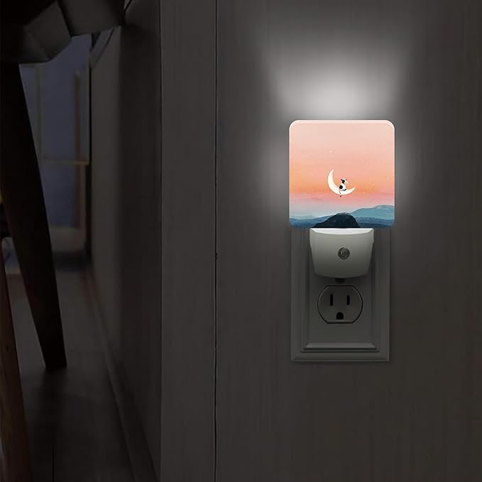 Cow Night Lights Plug Into Wall, Fanciful Playful Moon Mountain None Peach Plug in Night Light with Dusk to Dawn Sensor for Guest Room Basement Office Decor 1pcs