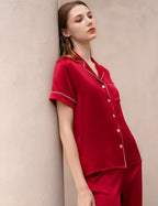 SWOMOG Women Satin Pajamas Set Short Sleeve Top & Pants Sleepwear Silky Button Down Nightwear 2pcs Loungewear Pjs Set