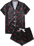 WDIRARA Women's Sleepwear Satin Short Sleeve Shirt and Shorts Pajama Set