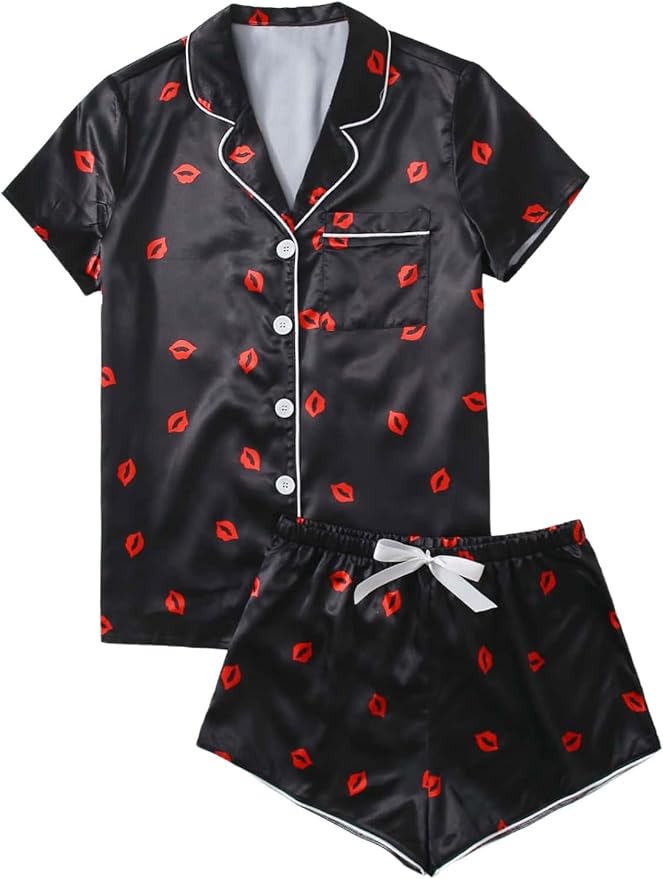 WDIRARA Women's Sleepwear Satin Short Sleeve Shirt and Shorts Pajama Set