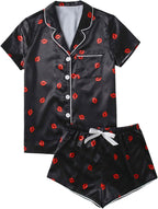 WDIRARA Women's Sleepwear Satin Short Sleeve Shirt and Shorts Pajama Set