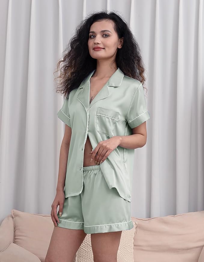 WJing Yi Jia 5Pcs Womens Soft Satin Pajama Set XS-4XL Button-Down Silk Pajamas Floral Sleepwear Bridal Pjs Lounge Pj Sets