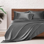 MR&HM Satin Bed Sheets, Full Size Sheets Set, 6 Pcs Silky Bedding Set with 15 Inches Deep Pocket for Mattress (Full, Dark Grey)