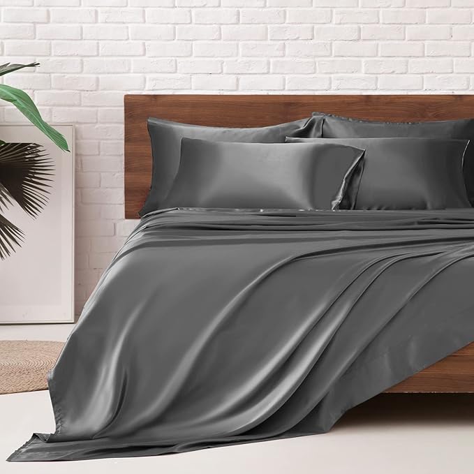 MR&HM Satin Bed Sheets, Full Size Sheets Set, 6 Pcs Silky Bedding Set with 15 Inches Deep Pocket for Mattress (Full, Dark Grey)