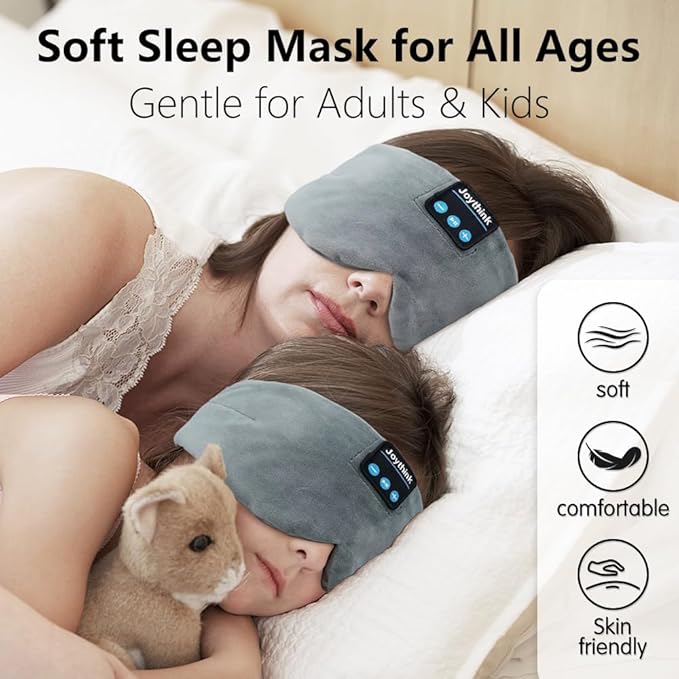 Joythink Sleep Headphones Wireless Eye Mask Kids Children Silk Wireless Headband Headphones for Sleeping with Adjustable Speaker Wireless Earbuds Side Sleeper Travel Meditation Music Mask Grey