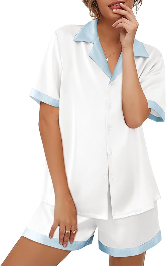 Ekouaer Womens Silk Satin Pajama Set Short Sleeve PJs 2 Piece Button Down Top and Shorts Notch Collar Sleepwear Sets Soft Pjs