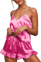 CHYRII Women's Sexy Silk Satin Ruffled Pajamas Sets Cami Shorts Sets Sleepwear