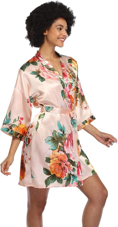 MissNina Women's Floral Satin Kimono Robes Short Silky Bridesmaid Robes Sleepwear