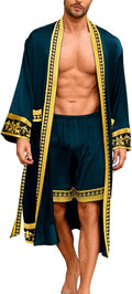 ChiaoLezhee Men's Luxury Silky Robe & Shorts Set, 2PC Lightweight Satin Pajamas with Pockets, Opulent Baroque Kimono Gifts