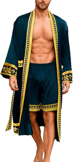 ChiaoLezhee Men's Luxury Silky Robe & Shorts Set, 2PC Lightweight Satin Pajamas with Pockets, Opulent Baroque Kimono Gifts