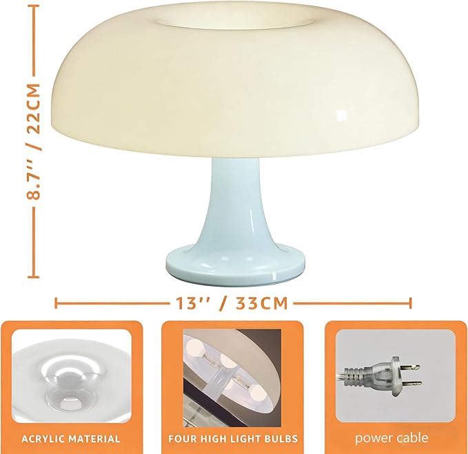 25W White Mushroom Lamp, LED Retro Table Lamp with 3 Color Temperatures and 4 Bulbs, Mid Century Modern Nightstand Light for Bedroom, Living Room, Office Aesthetic Decor, US Plug Powered, E14 Sockets