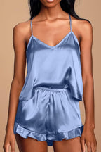 CHYRII Women's Sexy Silk Satin Ruffled Pajamas Sets Cami Shorts Sets Sleepwear