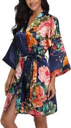 Floral Silk Robes for Women Kimono Satin Short Bath Robe Bridal Dressing Gown Bride Bridesmaids Lightweight Bathrobes