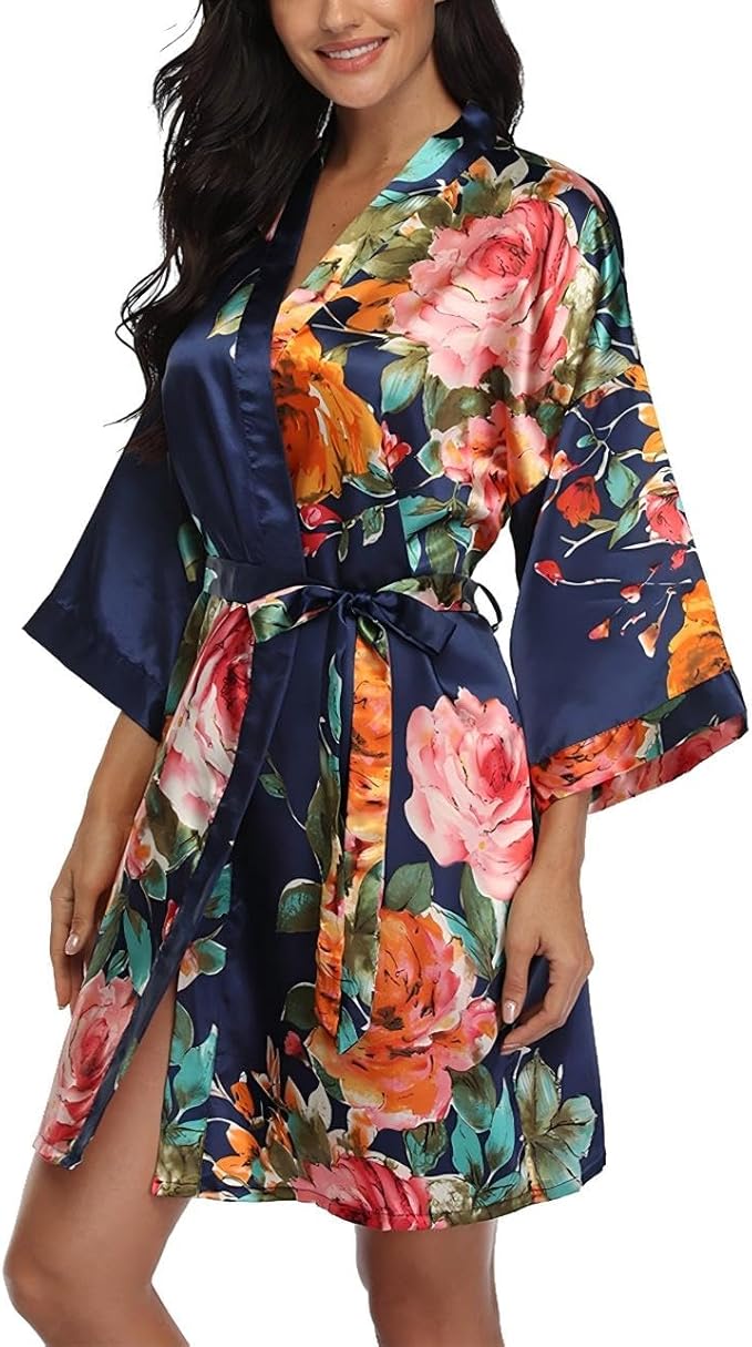 Floral Silk Robes for Women Kimono Satin Short Bath Robe Bridal Dressing Gown Bride Bridesmaids Lightweight Bathrobes