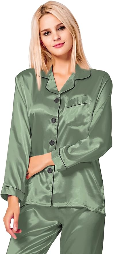 SWOMOG Womens Silk Satin Pajamas Set Long Sleeve Button Down Sleepwear 2 Piece Lounge Set Pj Set XS-3XL