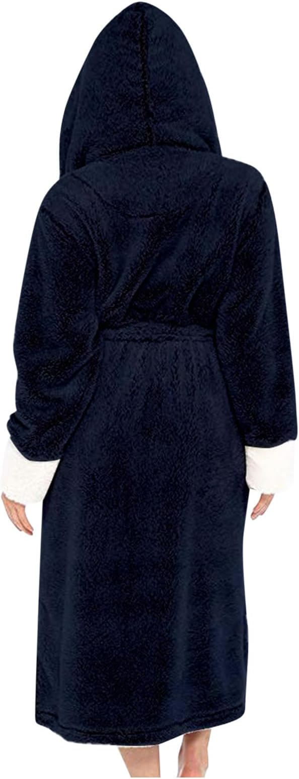 Fuzzy Plush Bathrobe Women Fashion Hooded Thicken Fleece Lined Warm Comfy Long Robe Flannel Loungewear