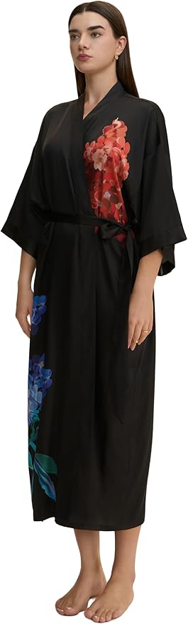 Kihnop Women's Floral Long Kimono Robe Long Satin Robe Long Silk Robe Ladies Kimonos Silky Bathrobe Cover Up, One Size