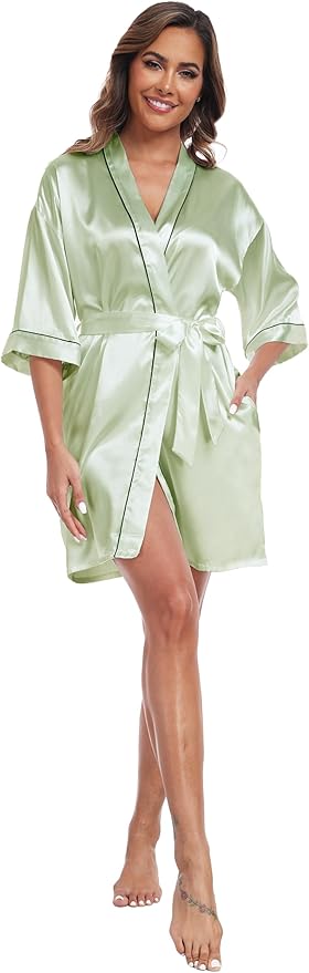 Women Satin Robes Short Silk Kimono Robe Lightweight Bridal Party Robes Bride Bridesmaids Ladies Loungewear Sleepwear